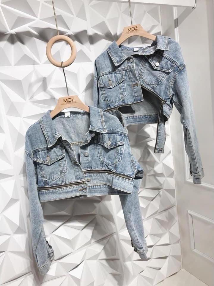 Áo khoác jean nữ croptop phối dây kéo thời trang