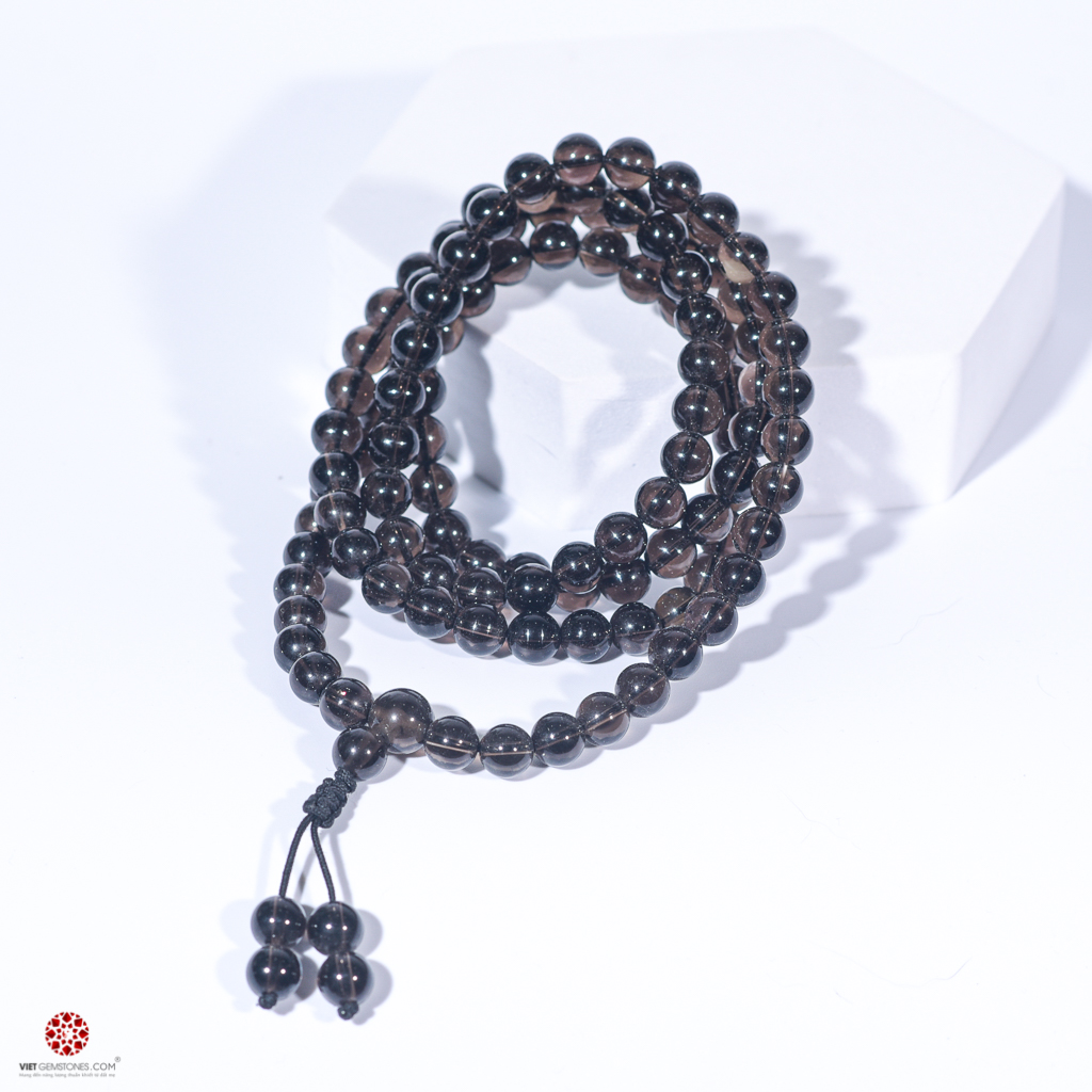 Vòng tràng hạt 10 viên đá thạch anh khói tự nhiên 8mm - Dùng lần hạt hoặc đeo tay - hợp mệnh Thủy, Mộc | VietGemstones