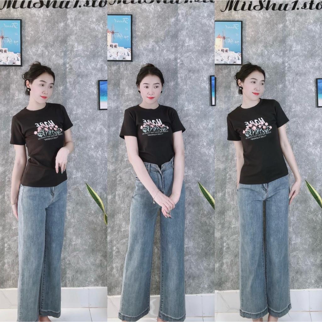 Áo thun nữ body tay ngắn phong cách đơn giản, in hình hoa