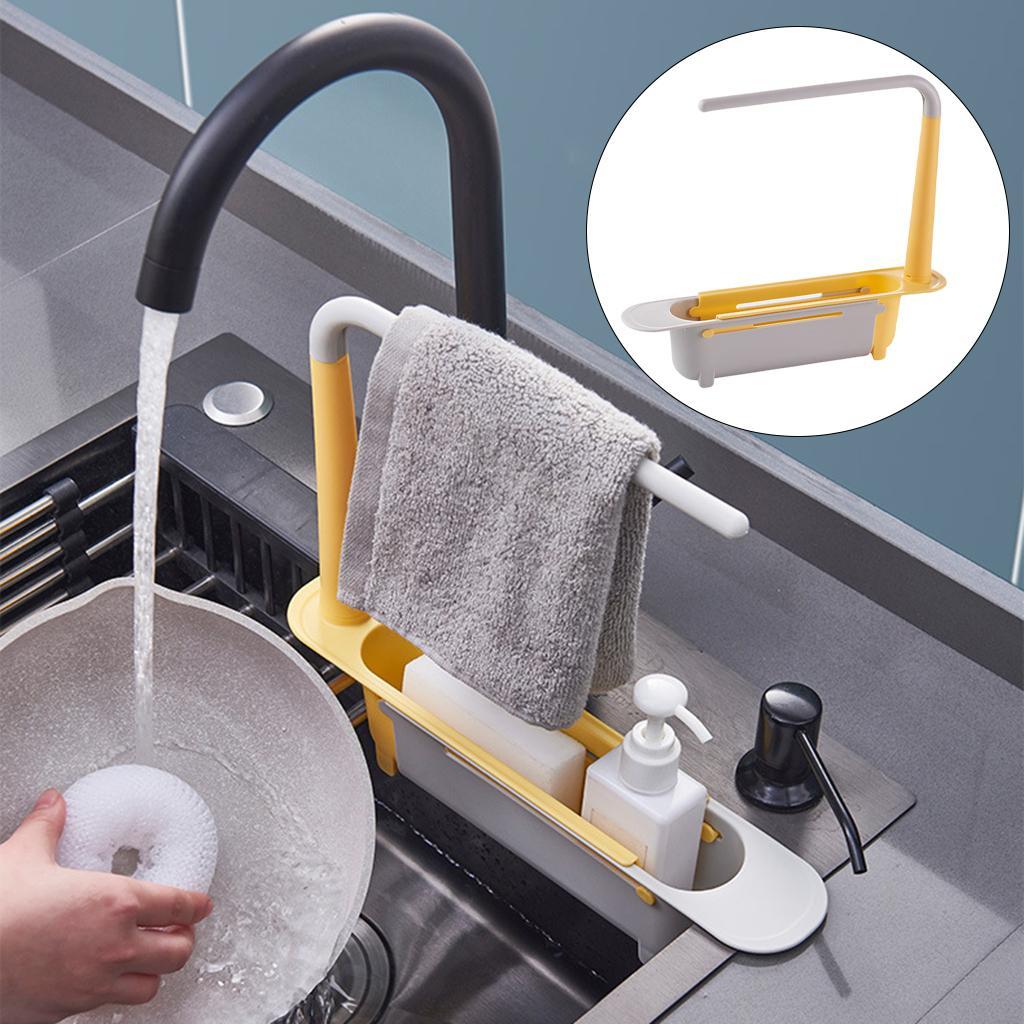 Telescopic Sink Rack Holder Storage Basket Adjustable Sponge Towel Hanger Yellow