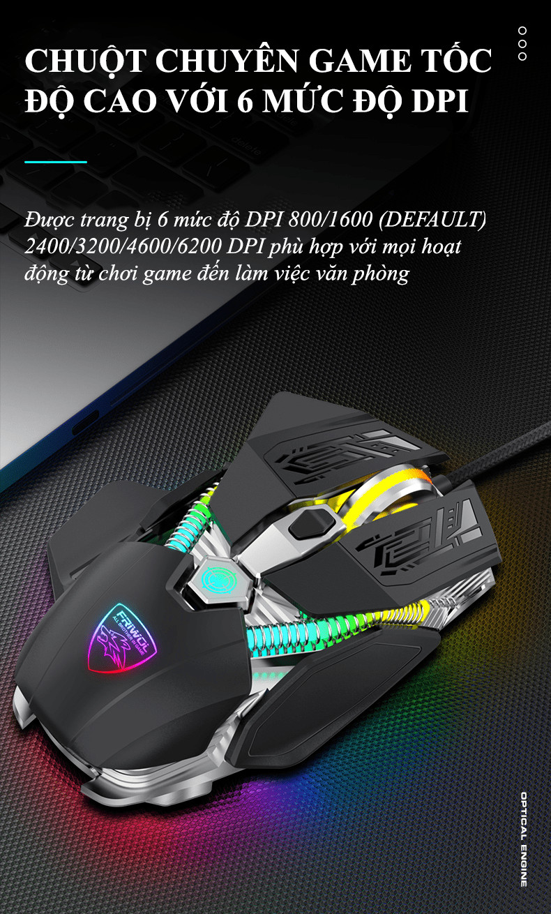 Chuột cơ chuyên game Friwol V5Pro có 2 chế độ chuột với tốc độ chuột lên đến 6200DPI kèm theo đèn led RGB cực đẹp dành cho game thủ
