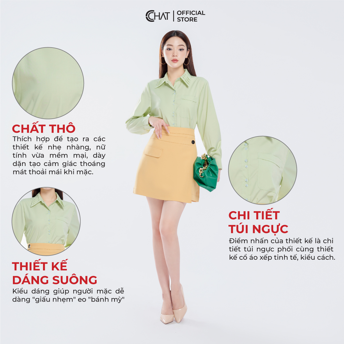 Áo Sơ Mi Nữ CCHAT Bấu Mí Lá Cổ Chất Liệu Thô Nhập Khẩu 13SDT2005ST
