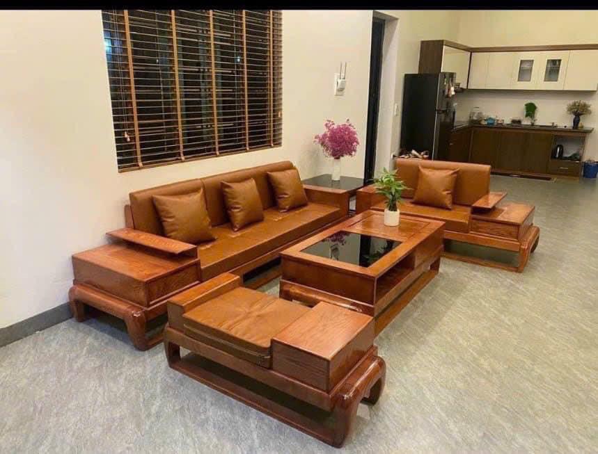 Bộ ghế gỗ sồi nệm da Juno Sofa dày 15 cm kích thước 3m x 2m x 80 cm