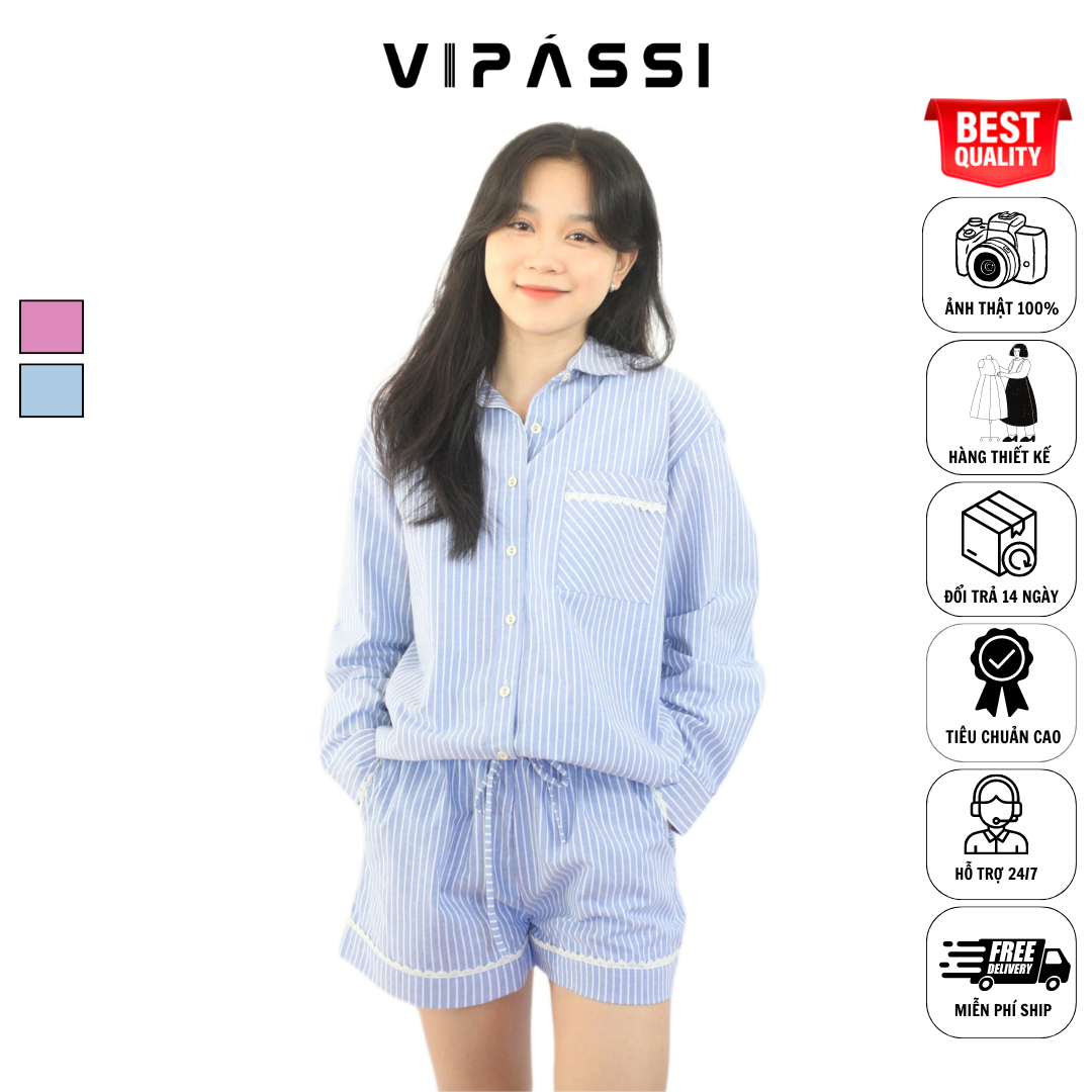 VIPÁSSI Quần Short Cotton Sọc Lưng Thun Dây Rút Túi Xẻ Họa Tiết Ren