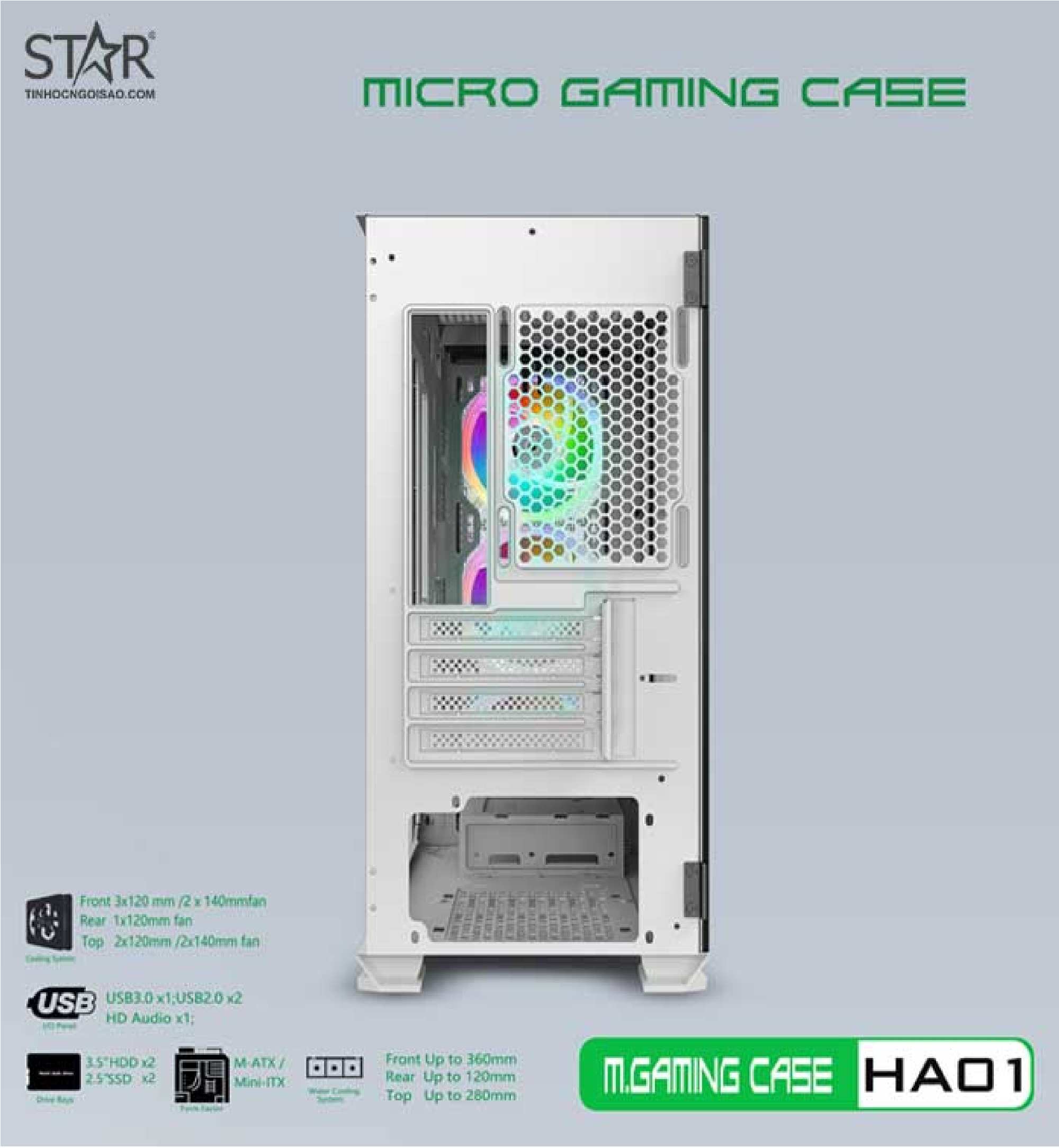 Case Gaming VSP HA01 Mini Tower (Trắng) - Hàng chính hãng