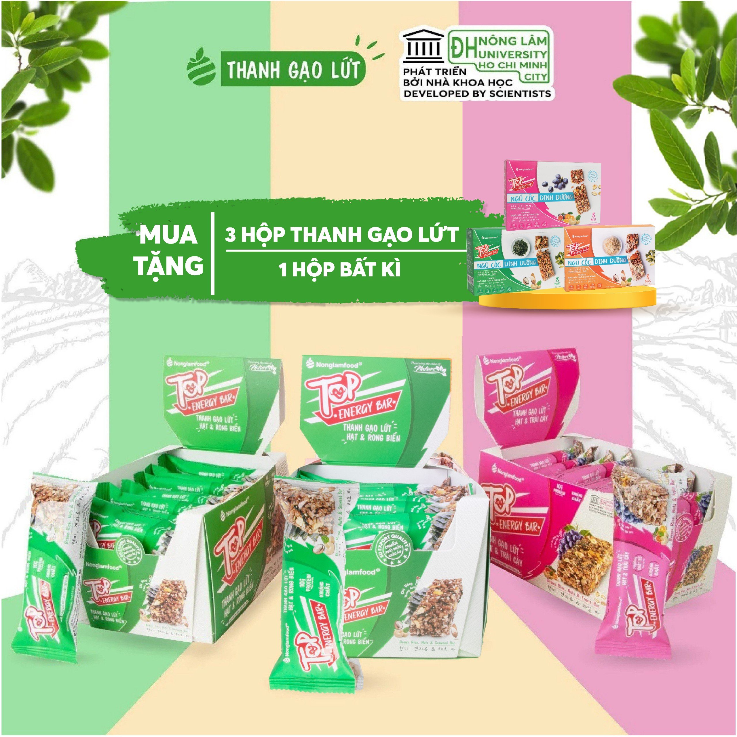 Combo 3 hộp thanh gạo lứt ngũ cốc Top Energy Bar hạt và chà bông, rong biển, trái cây 272g Nonglamfood