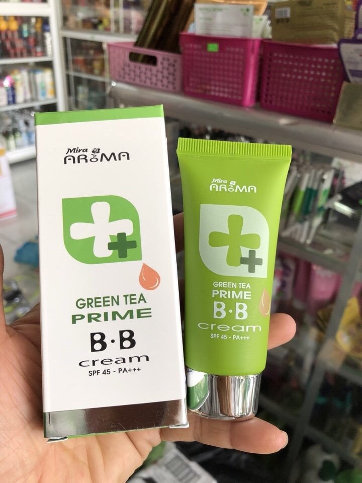 Kem Nền BB Hàn Quốc Cao Cấp Tinh Chất Trà Xanh Mira Aroma Prime Grren Tea (30ml) + Tặng Cọ Tán Kem Nền, Phấn Phủ Chuyên Dụng Thế Hệ Mới Aroma – Hàng Chính Hãng