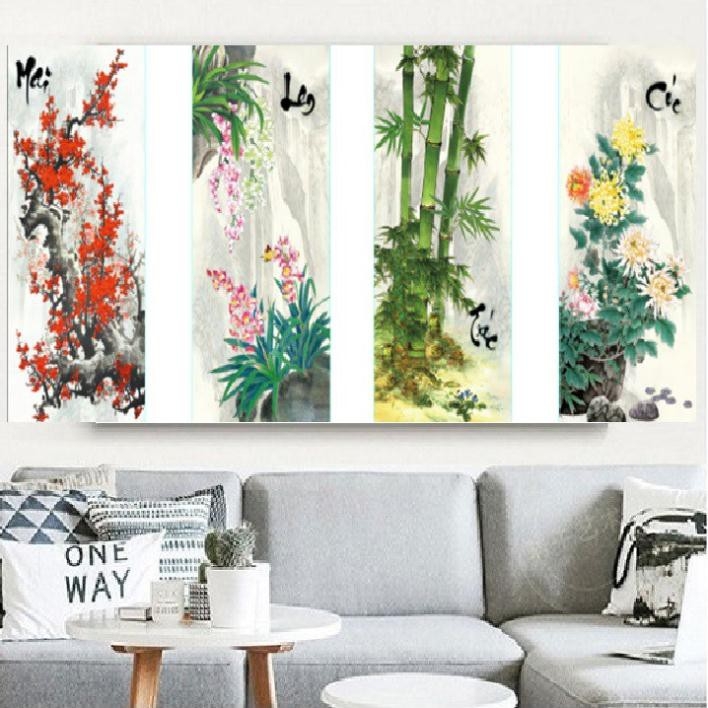 Tranh thêu chữ thập 3D Tứ quý Mai lan trúc cúc - khách tự thêu