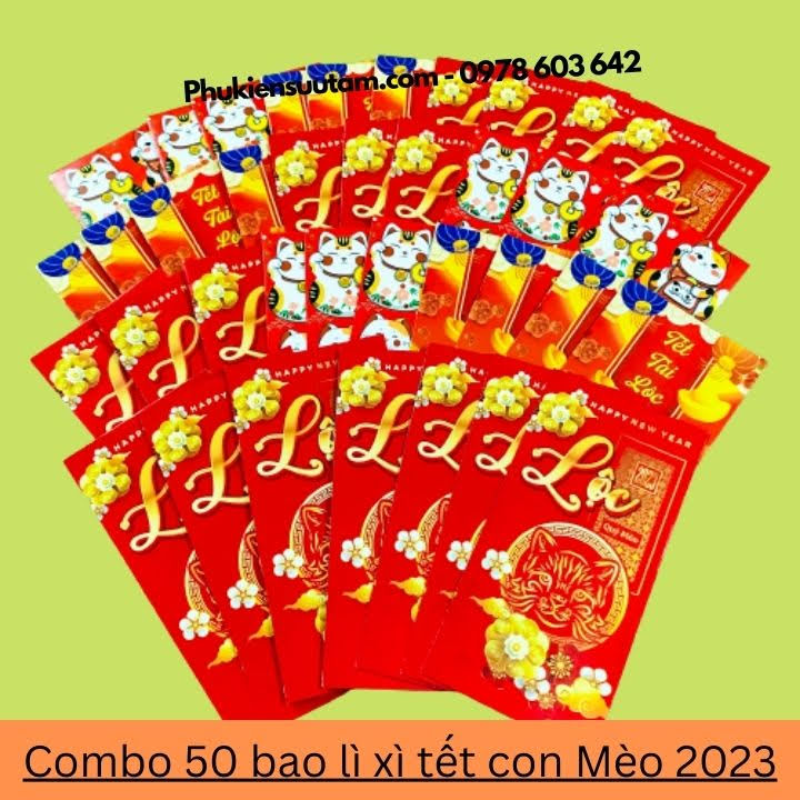 Combo 50 Bao Lì Xì Tết Con Mèo 2023, kích thước: 16cmx8cm, màu đỏ - SP000367