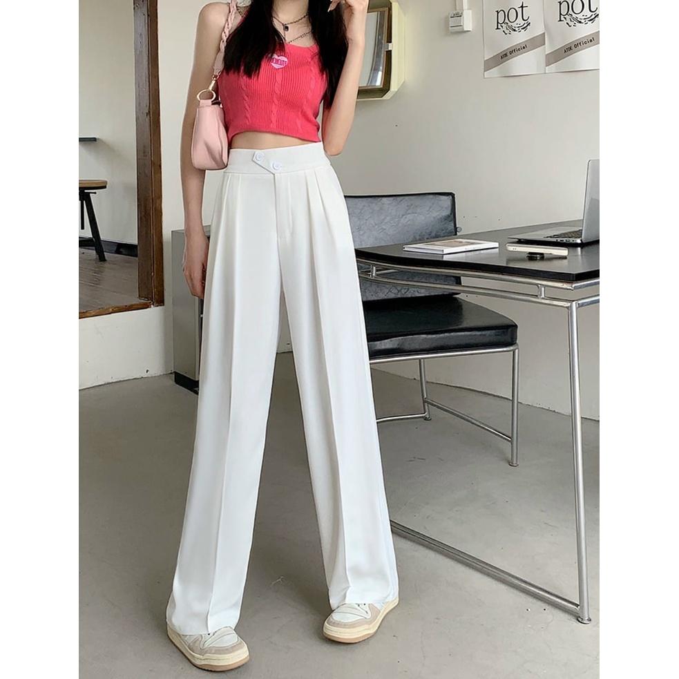 Quần culottes ống rộng suông dài, Quần tây lưng cao 2 cúc xéo chất dày cao cấp