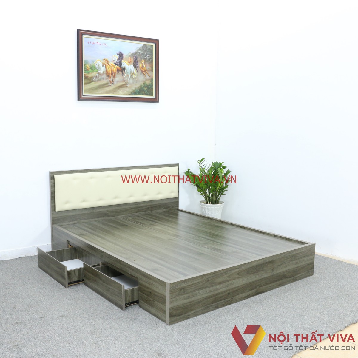 Giường Ngủ Gỗ MDF Phủ Melamine Màu Xanh Rêu Hộc Kéo Đầu Nệm Kem Cao Cấp