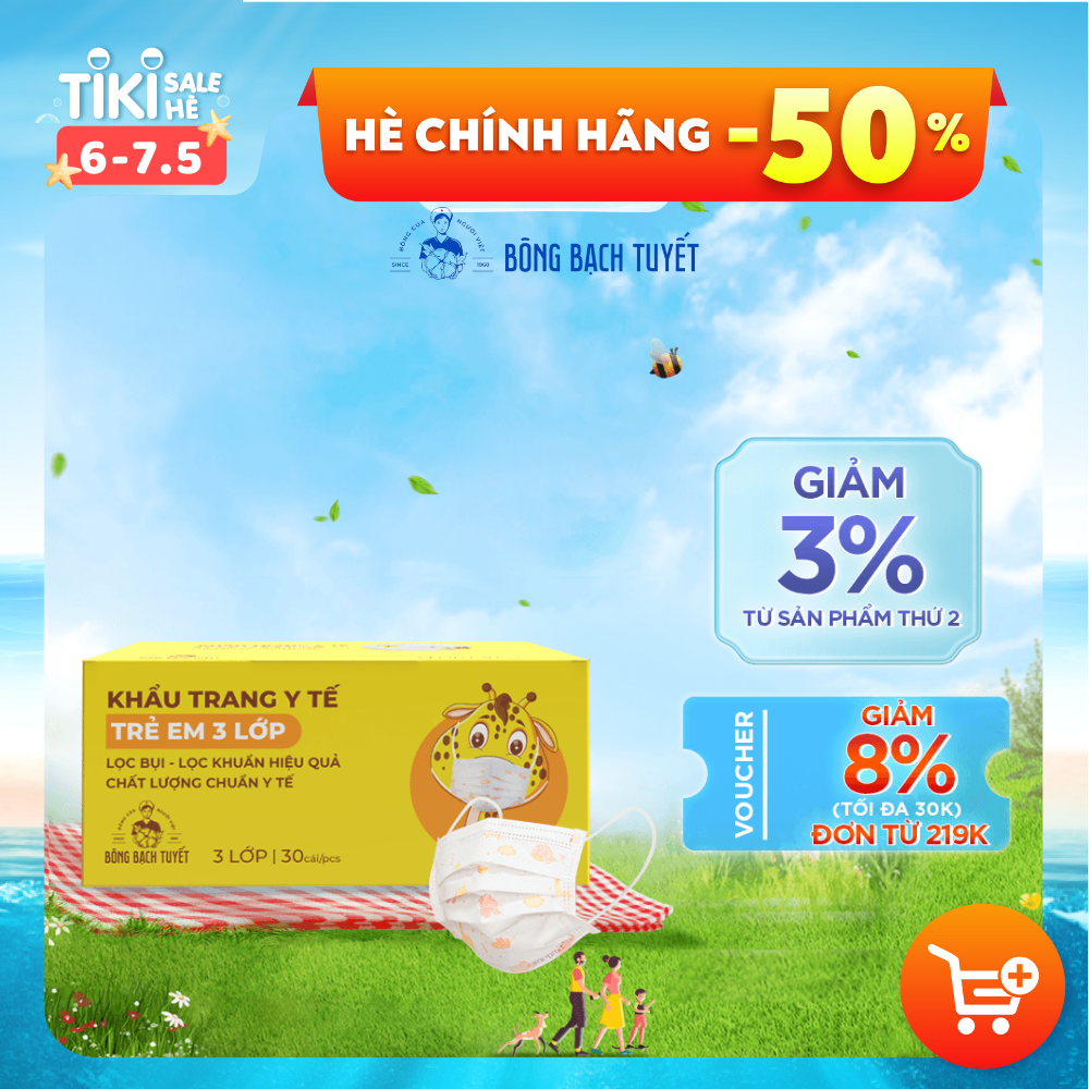 Khẩu trang Bông Bạch Tuyết Trẻ Em 3 lớp 6 - 11 tuổi (30 cái/ hộp)