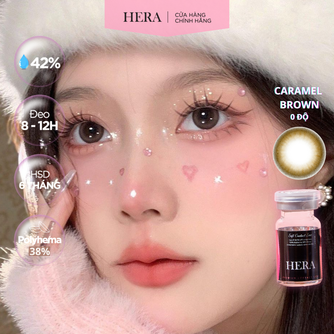 Kính Áp Tròng Hera Nâu Caramel Tự Nhiên Không Độ CARAMEL BROWN Nhập Khẩu Hàn Quốc Lens Không Cận 6 Tháng