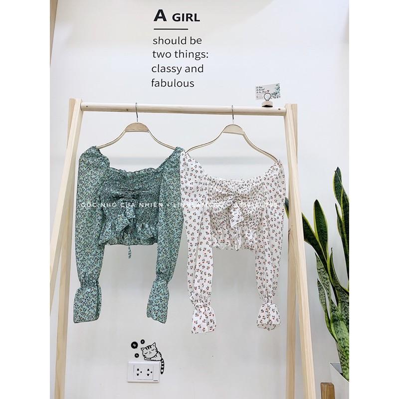 Áo Croptop Cổ Vuông Trễ Vai Hoa Nhí Tay Dài Dây Rút Quảng Châu