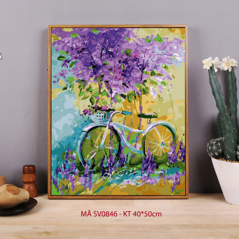 Tranh tự tô màu sơn dầu số hóa SV0846 Tranh xe đạp hoa tím lãng mạn