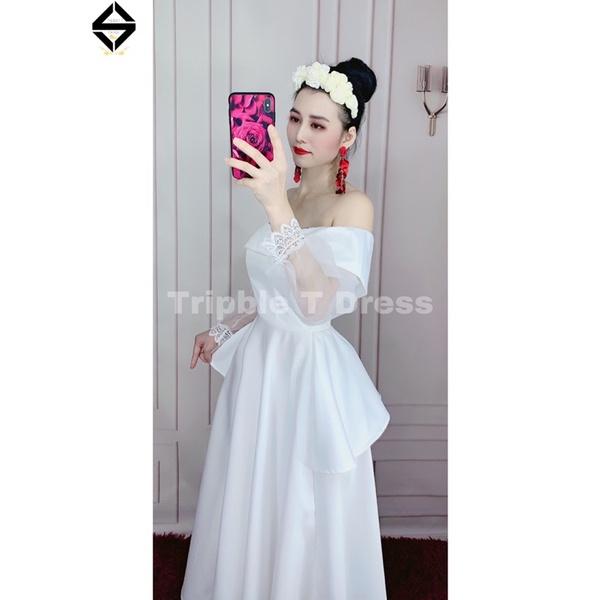 Đầm xòe dự tiệc mặc cưới bẹt vai tay dài voan phối viền ren TRIPBLE T DRESS -size S/M/L - MS51Y