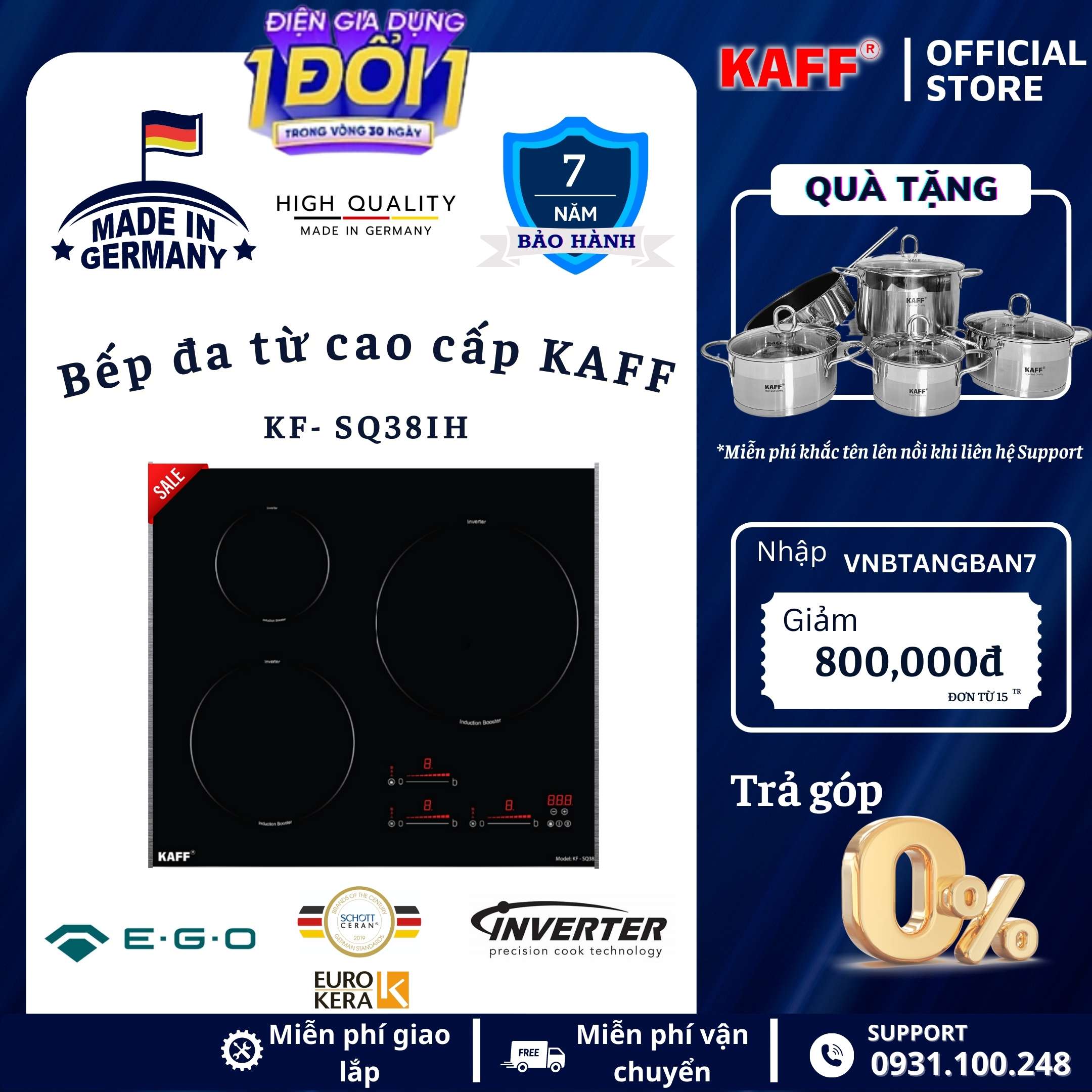 Bếp âm đa từ 3 vùng nấu nhập khẩu Germany KAFF KF-SQ38IH -HÀNG CHÍNH HÃNG