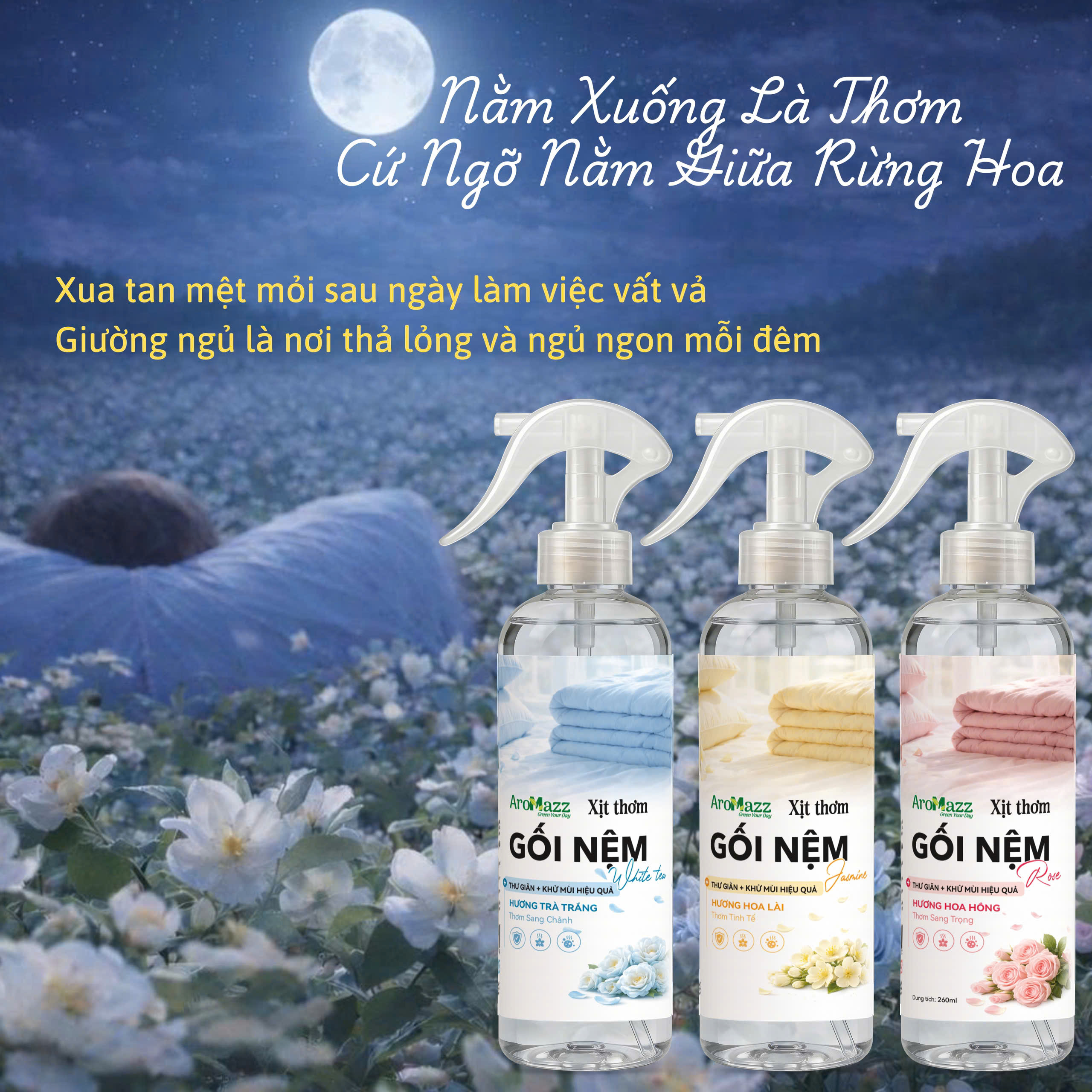 Xịt Thơm Chăn Ga Gối Nệm AroMazz, Khử Mùi Chăn Ga Gối Nệm Thư Giãn Ngủ Ngon Thành Phần Lành Tính An Toàn Sử Dụng Hàng Ngày