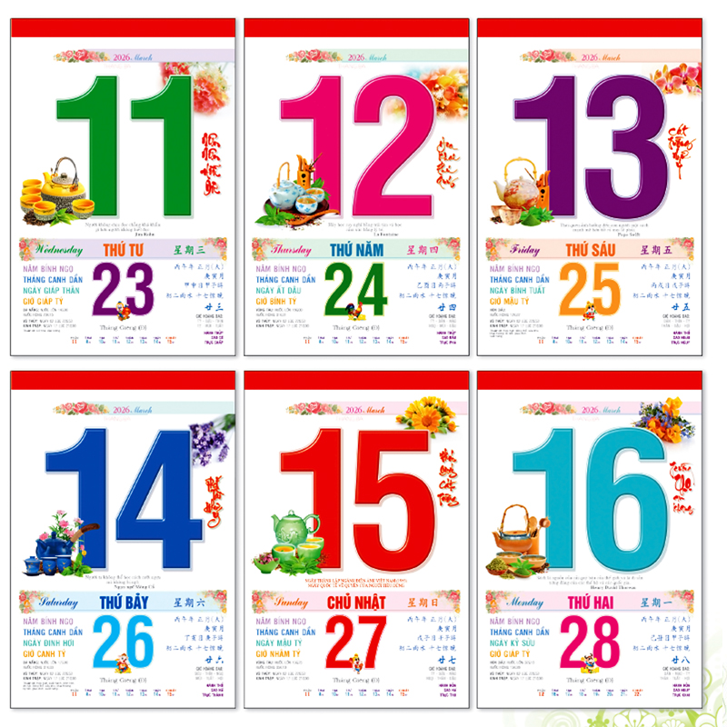 Lịch Trà Đạo khổ bloc 25 * 35 chiều dài tổng 70 cm mừng xuân 2026 Bính Ngọ có ngày giờ Hoàng Đạo chính xác