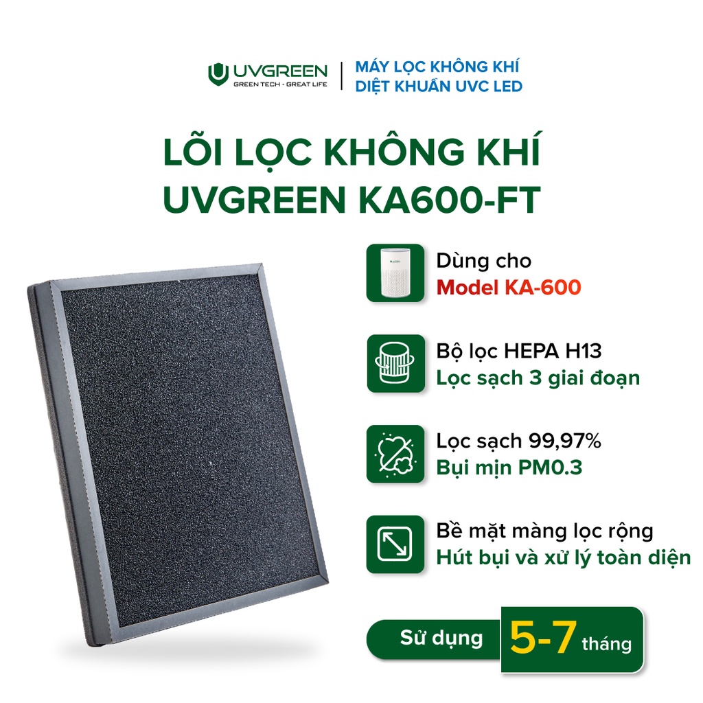 Màng Lọc HEPA H13 Diệt Khuẩn Cho Máy Lọc Không Khí UVGREEN KA600 FT Hàng chính hãng - Bộ Lọc 3 Lớp, Loại Bỏ 99,97% Bụi Mịn