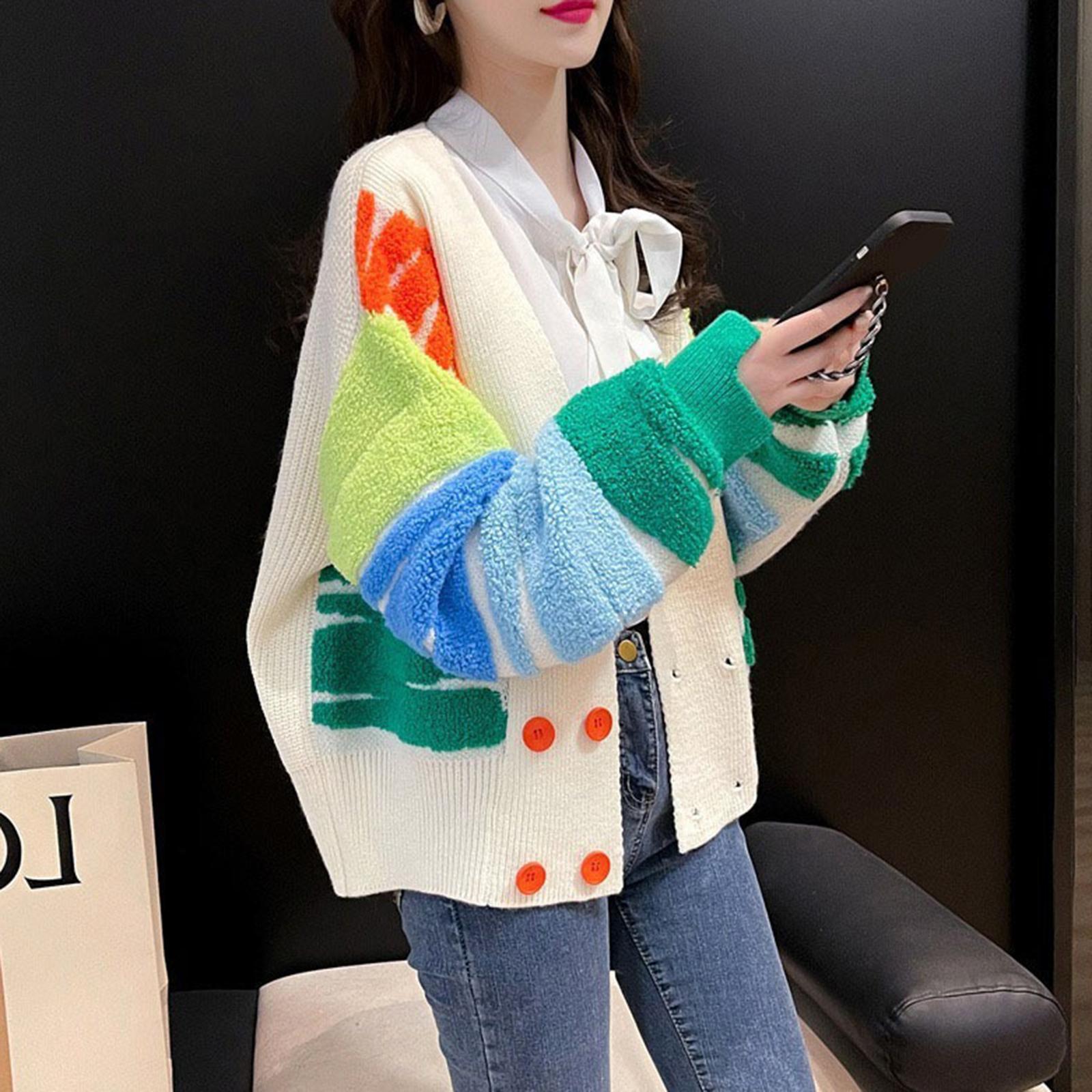 Rainbow Striped Cardigan Sweater Double Breasted Sweater Jacket Coat Button Autumn Clothing Daily Wear Long Sleeve Knit Sweater