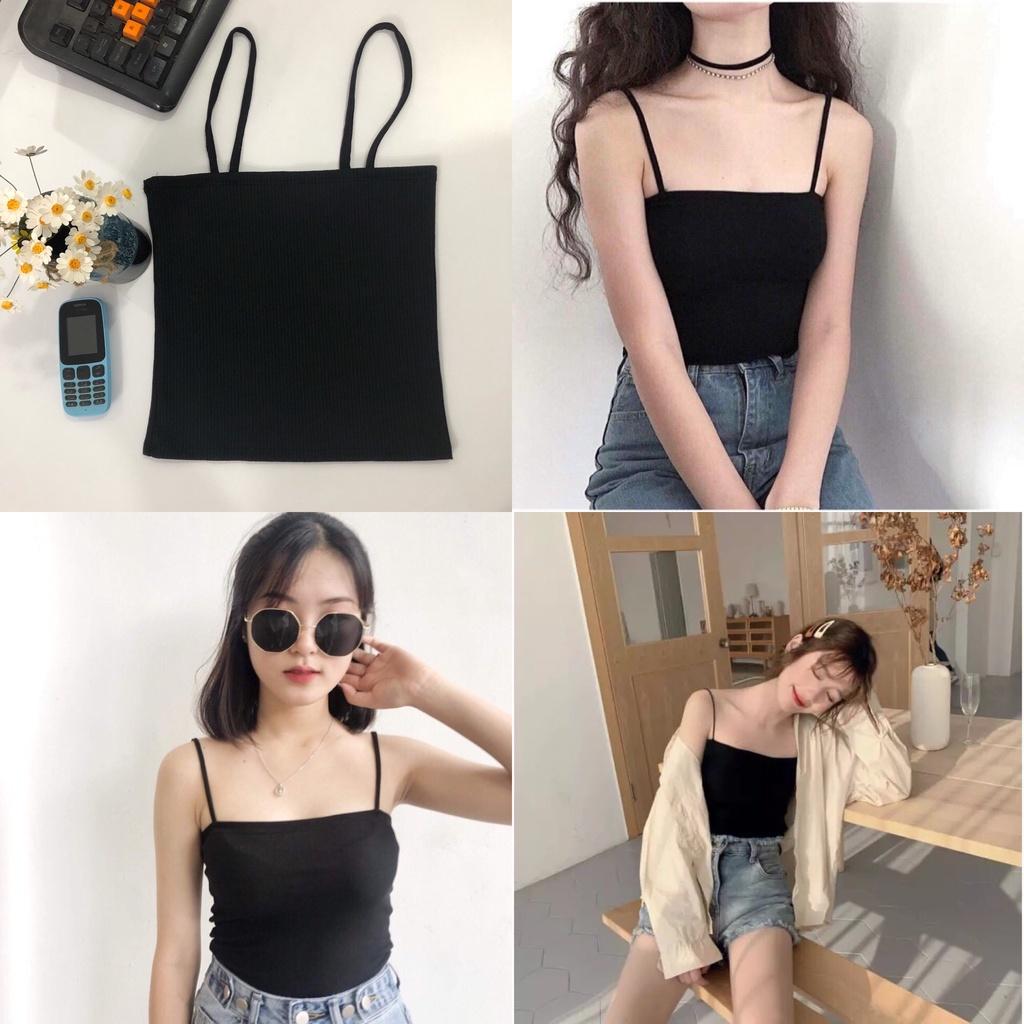 Áo 2 dây thun gân đẹp 100% cotton đen đen , áo croptop ôm mặc trong siêu mát