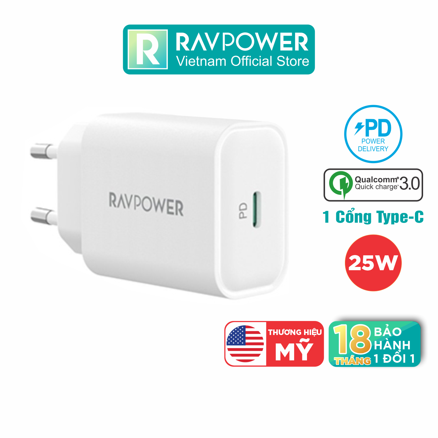 Adapter Củ Sạc Nhanh Đến 25W Type C PPS PD 3.0 QC 3.0 RAVPower RP-PC156 Dành Cho Điện Thoại Samsung, iPhone, iPad - Hàng Chính Hãng