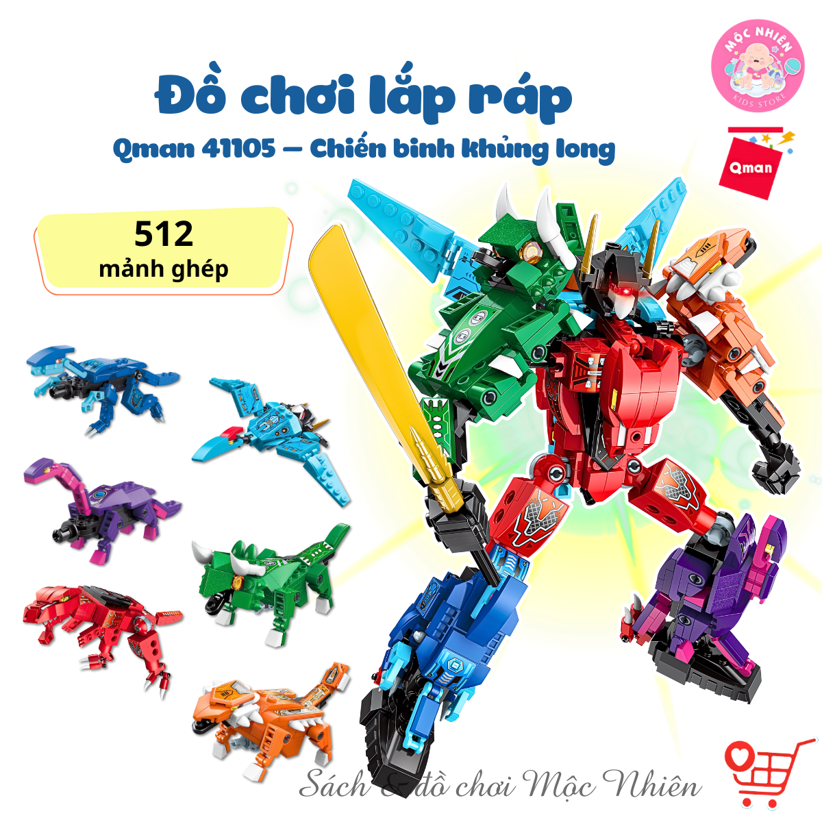 Đồ Chơi Xếp Hình, Lắp Ráp 6 In 1 Qman 41105 Chiến Binh Khủng Long 512 Mảnh Ghép Dành Cho Bé Trai Trên 6 Tuổi
