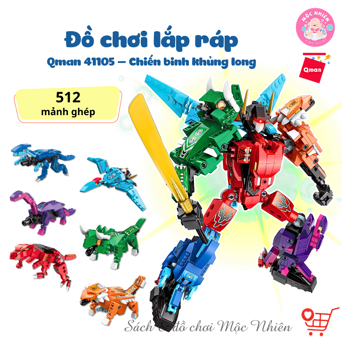 Đồ chơi xếp hình, lắp ráp 6 in 1 Qman 41105 – Chiến binh khủng long (512 mảnh ghép) dành cho bé trai trên 6 tuổi