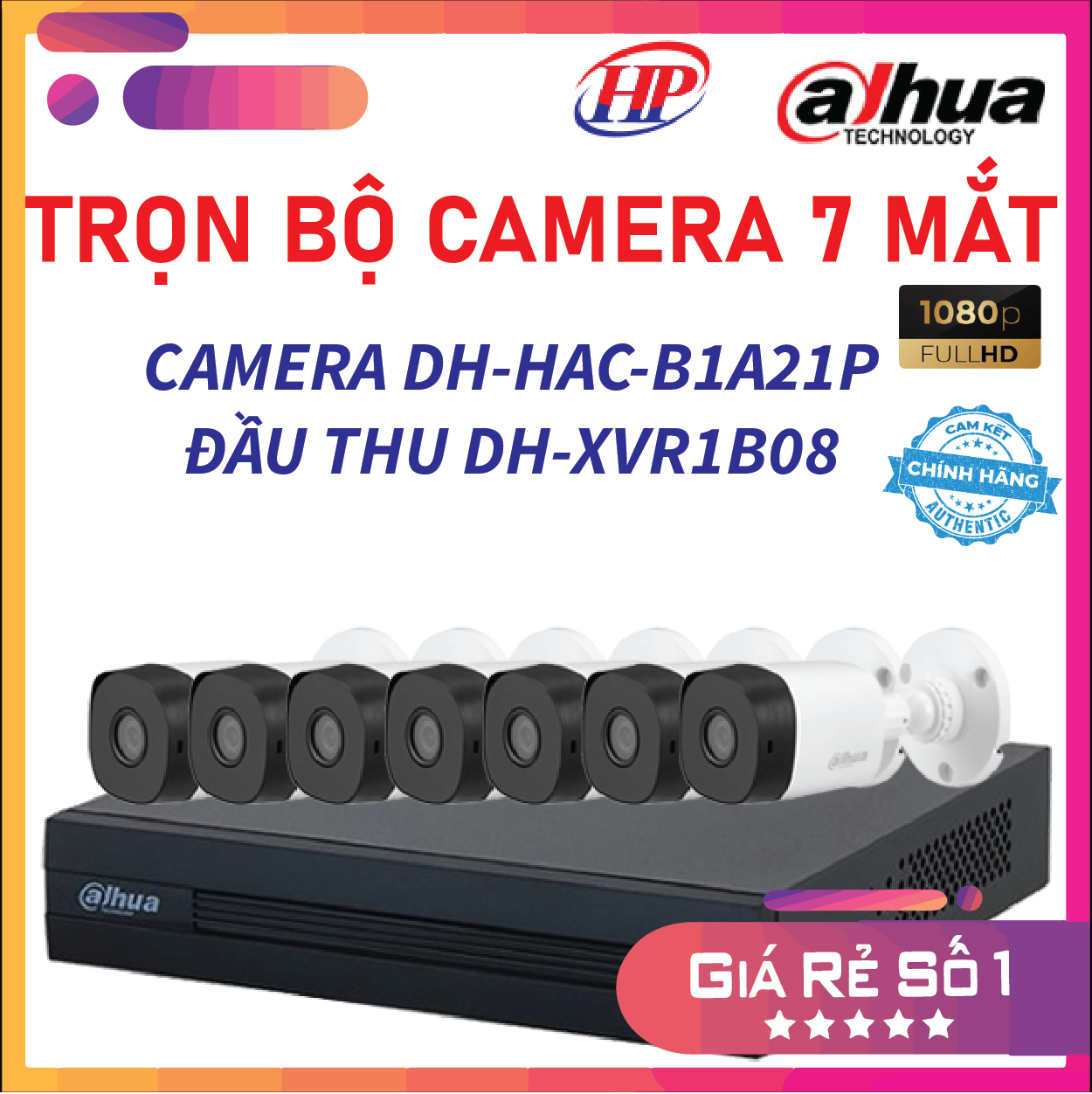 Trọn bộ 7 camera DH-HAC-B1A21P Đầu thu 4 cổng XVR1B08 đầy đủ phụ kiện, Hàng chính hãng