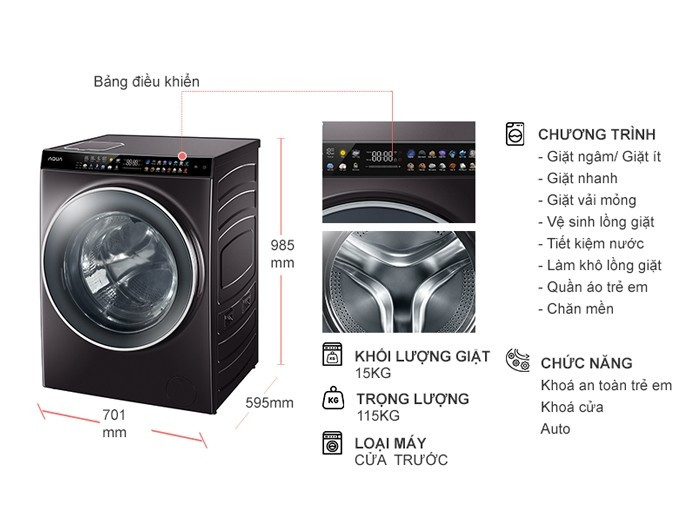 Máy giặt sấy cửa trước Aqua Inverter 15 Kg AQD-DH1500G(PP) - HÀNG CHÍNH HÃNG - CHỈ GIAO HCM