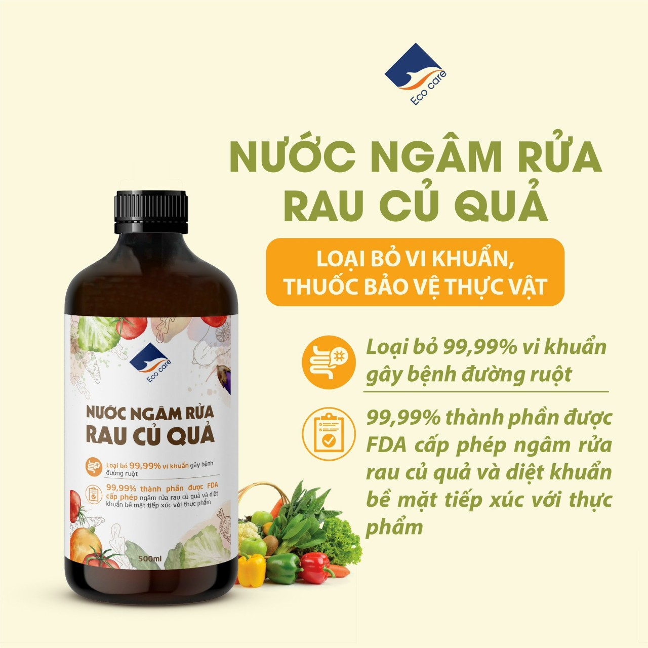 Nước ngâm rửa rau củ quả sinh học Ecocare hương Cam - Chai 500ml