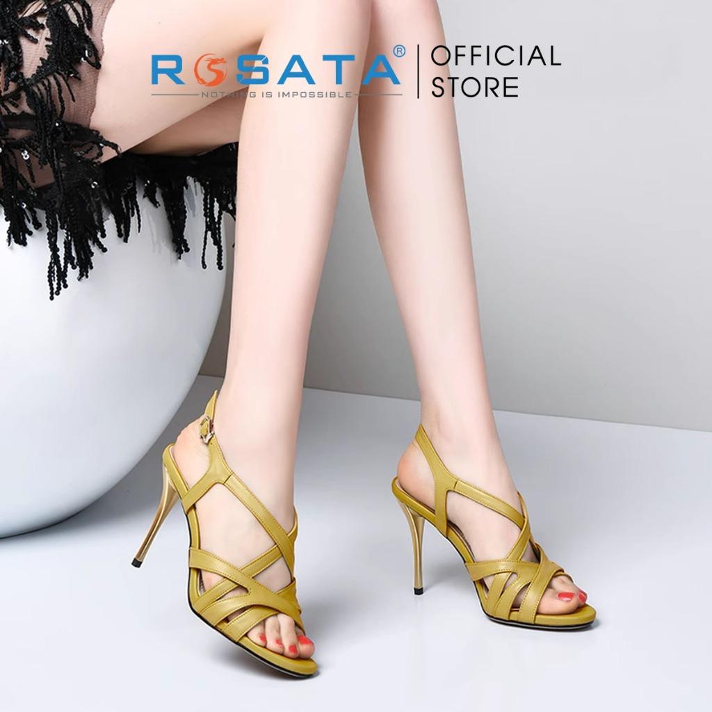 Dép sandal nữ ROSATA RO542 xỏ ngón phối dây mảnh mũi tròn quai cài hậu gót nhọn cao 7cm xuất xứ Việt Nam - Đen