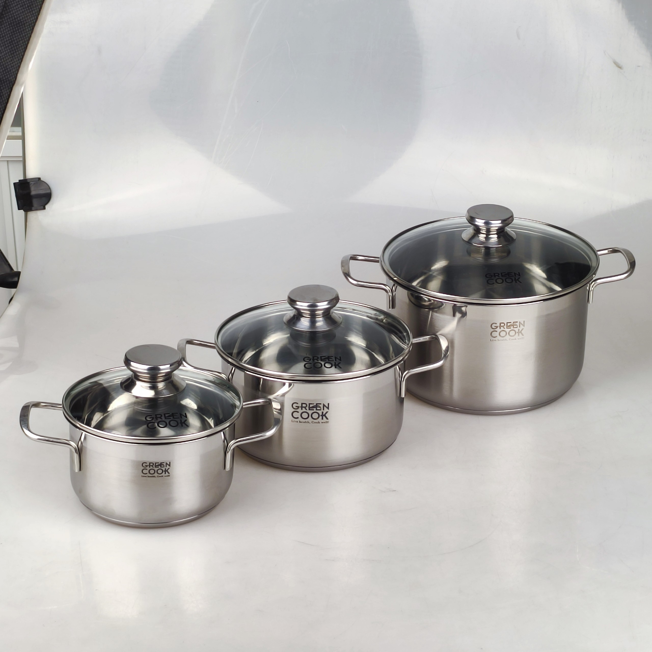 Bộ 3 nồi inox đáy từ 3 lớp Greencook GCS06 dùng được trên mọi loại bếp, quai cách nhiệt size 16/20/24cm
