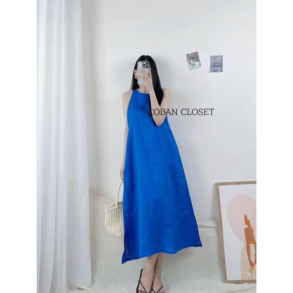 Đầm midi suông sát nách phối nút bọc