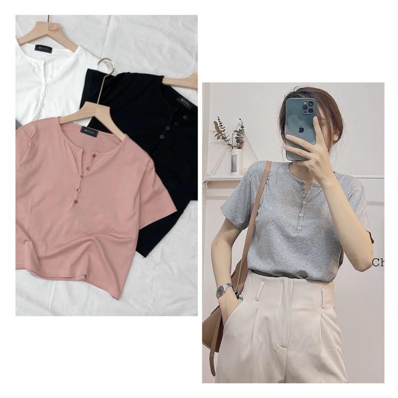 Áo phông thun cúc dọc nữ trơn màu pastel Ulzzang ngắn tay