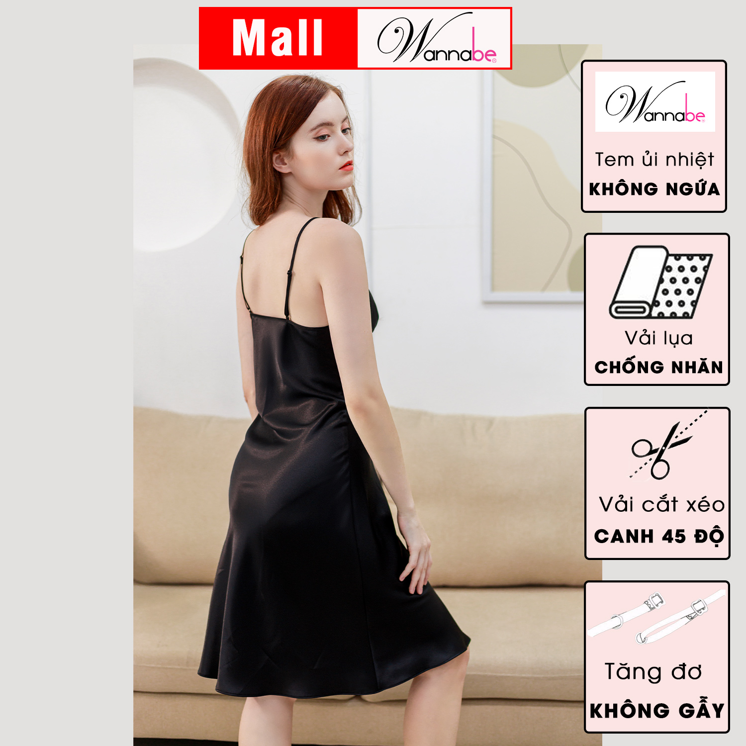 Đầm ngủ WANNABE DNS41 váy ngủ lụa 2 dây dáng midi dài qua gối tôn vinh nét sang trọng quý phái của người mặc