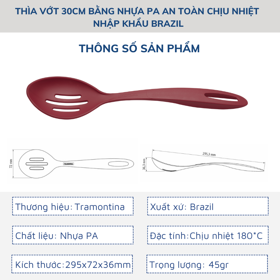 Thìa Vớt Đồ Ăn Tramontina 30cm Bằng Nhựa PA An Toàn Chịu Nhiệt Nhập Khẩu Brazil