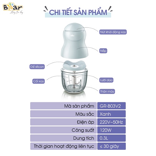 [ Hàng chính hãng] Máy Xay Ăn Dăm Cho Bé Bear Mini Cầm Tay Tiện Lợi B03V2 Thiết Kế 3 Lưỡi Dao Sắc Bén, Chất Liệu Thuỷ Tinh Borosilicat - Hàng chính hãng