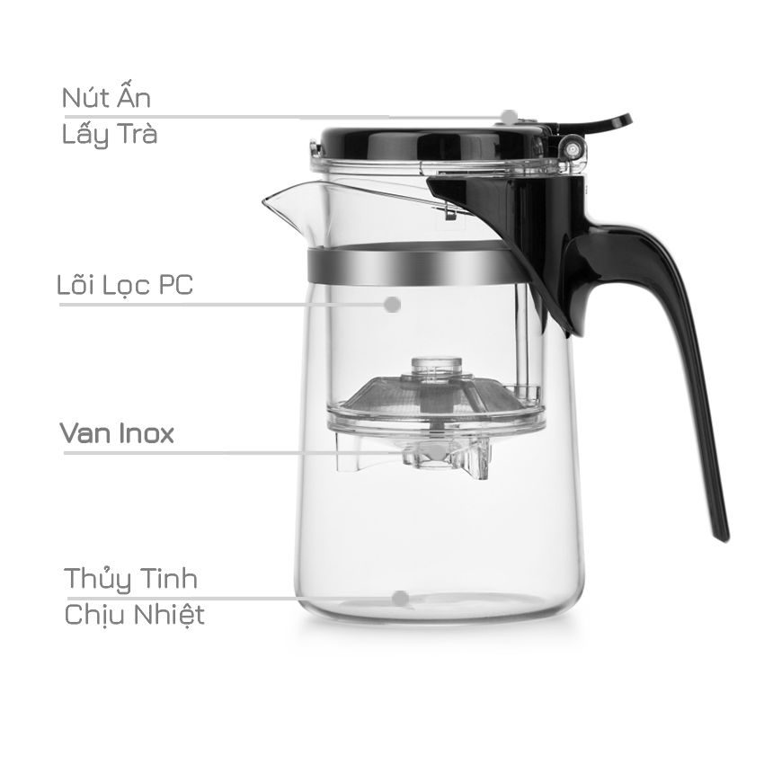 Bình Lọc Trà Thủy Tinh Lõi PC 500ml SAG08 - Ấm trà thủy tinh chịu nhiệt với lõi lọc có van khóa
