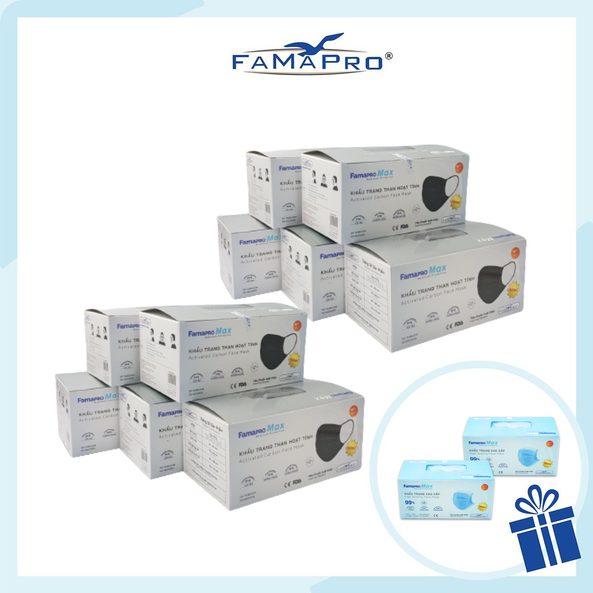 HỘP – FAMAPRO MAX – Khẩu trang y tế kháng khuẩn 4 lớp Famapro Max 40 cái hộp – COMBO 10 HỘP – ĐEN
