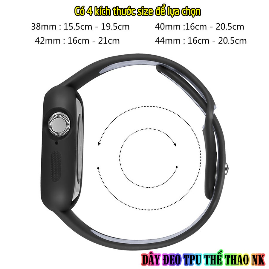 Dây Đeo liền ốp dành cho Apple Watch size 38/40/42/44mm TPU thể thao viền màu - Đen Xám (tặng dán KCL theo size)