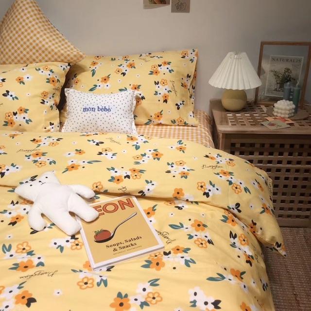 Set Ga Gối Hàng Nhập Khẩu Nguyên Set 4 Món Cao Cấp Màu Vintage Hoa Nhí Vàng