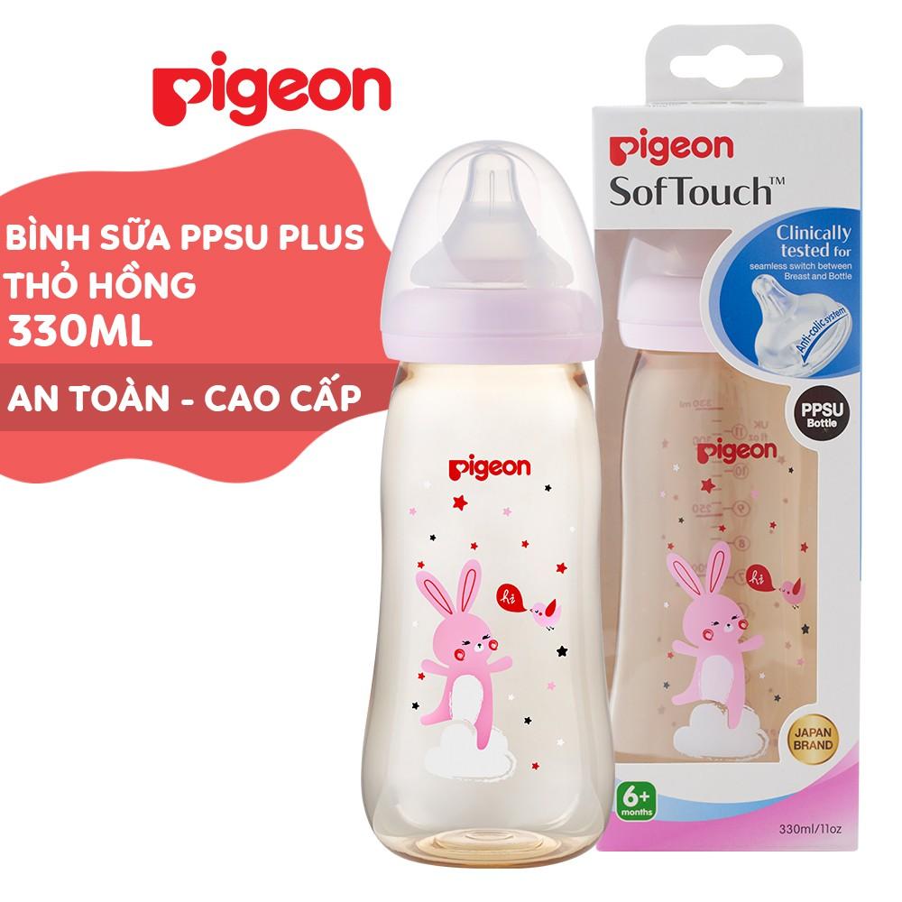 Bình sữa cổ rộng PPSU Plus Voi xanh/ Thỏ hồng Pigeon 330ml (L)