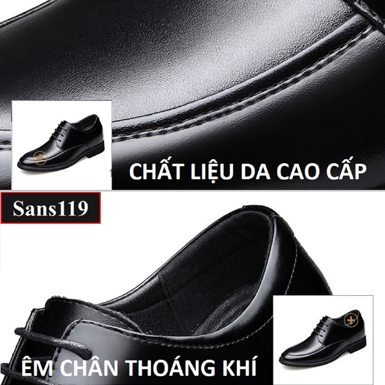 Giày tăng chiều cao nam da bò Sans119 độn đế 8cm công sở cao cấp buộc dây tây đen chú rể mặc vest size nhỏ 37 38 mũi tròn