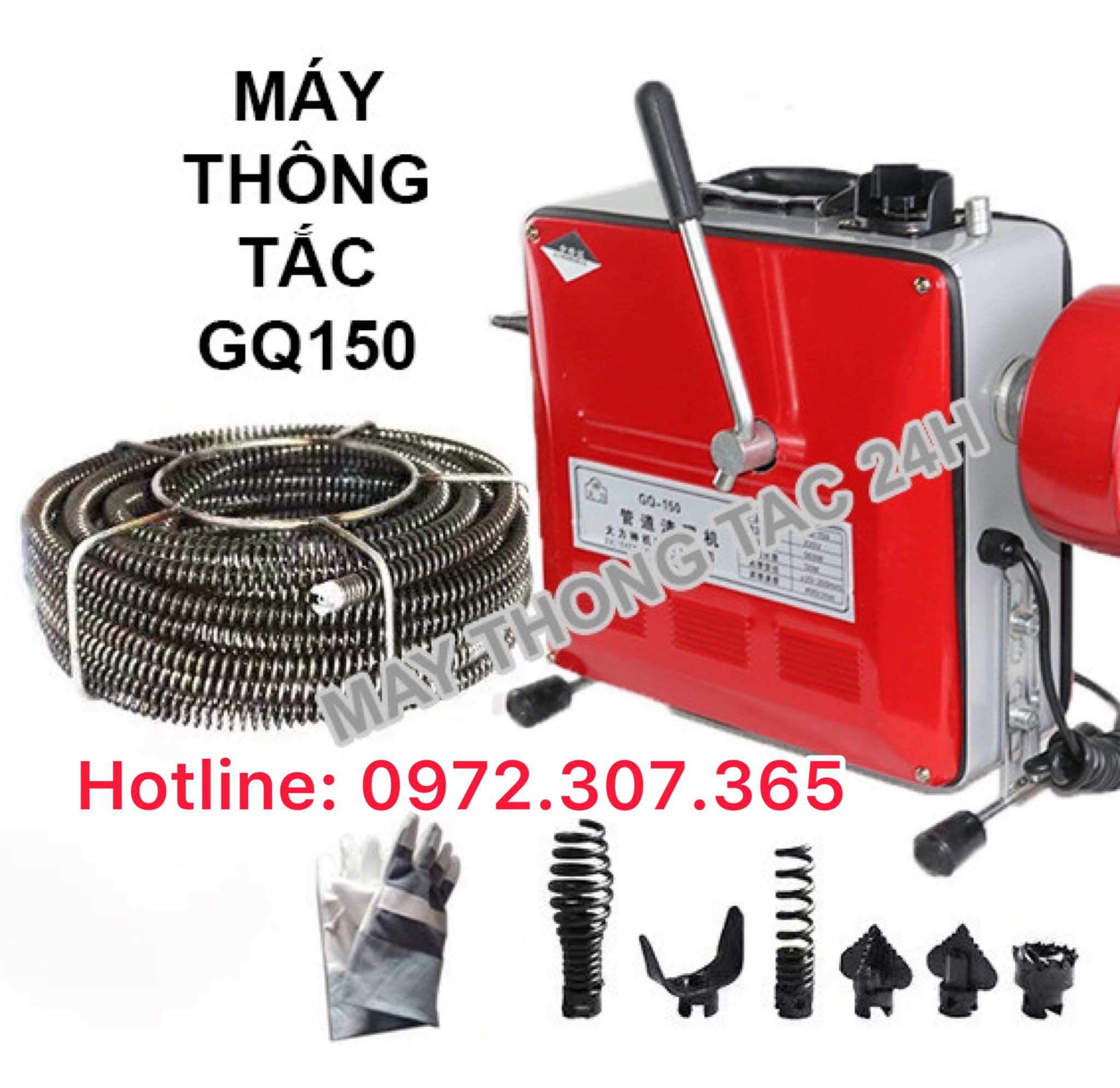 Máy thông tắc GQ-150-1800W tặng kèm cuộn dây lò xo đường kính 16mm dài 15m; dây phi 22mm dài 15m và 4,5m mét dây lò xo phi 8
