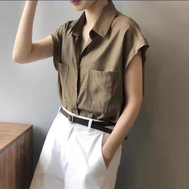 Áo Sơ Mi Nữ Tay Ngắn Form Rộng Dáng Dài Hai Túi Cổ Bẻ Thời Trang JayS TOP NU 075 - Nâu