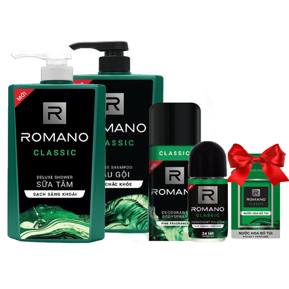 Bộ Romano Classic: Dầu gội 650g, sữa tắm 650g, xịt khử mùi 150ml,lăn khử mùi 50ml +Tặng kèm nước hoa bỏ túi 18ml