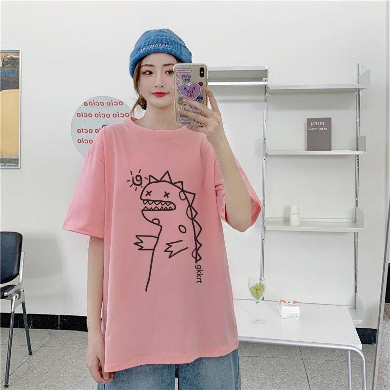 Áo phông nam nữ unisex tay lỡ thun form rộng teen cổ tròn oversize cotton giá rẻ basic đen trắng tee pull freesize KHỦNG LONG DỄ THƯƠNG