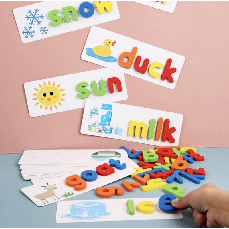 Bộ thẻ học chữ cái kèm hình minh họa cho bé, Bộ spelling game 52 từ vựng tiếng anh - Hàng chính hàng